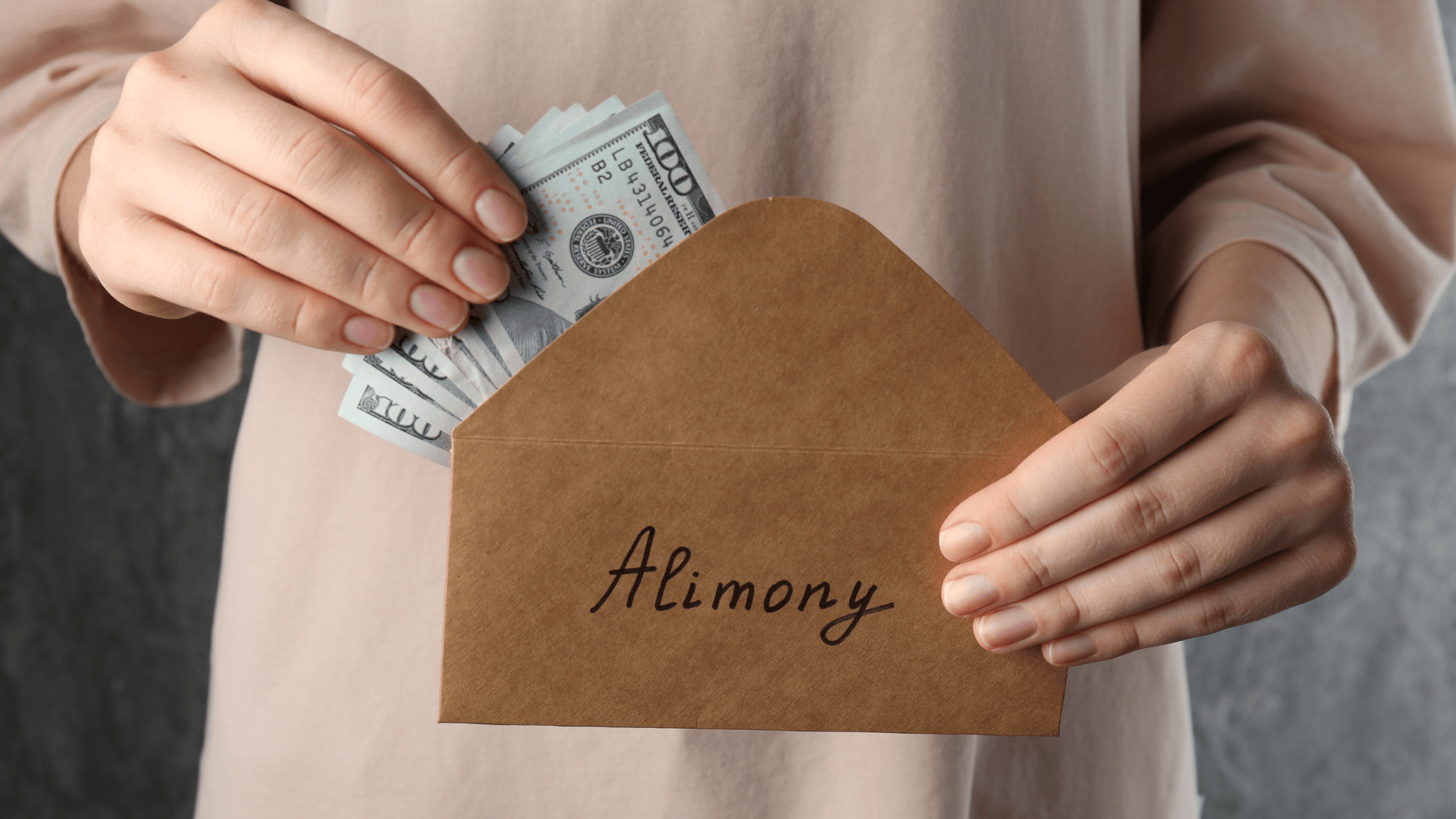 A woman putting money into an envelope labeled alimony, illustrating the concept of spousal maintenance and support agreements in a Texas divorce.