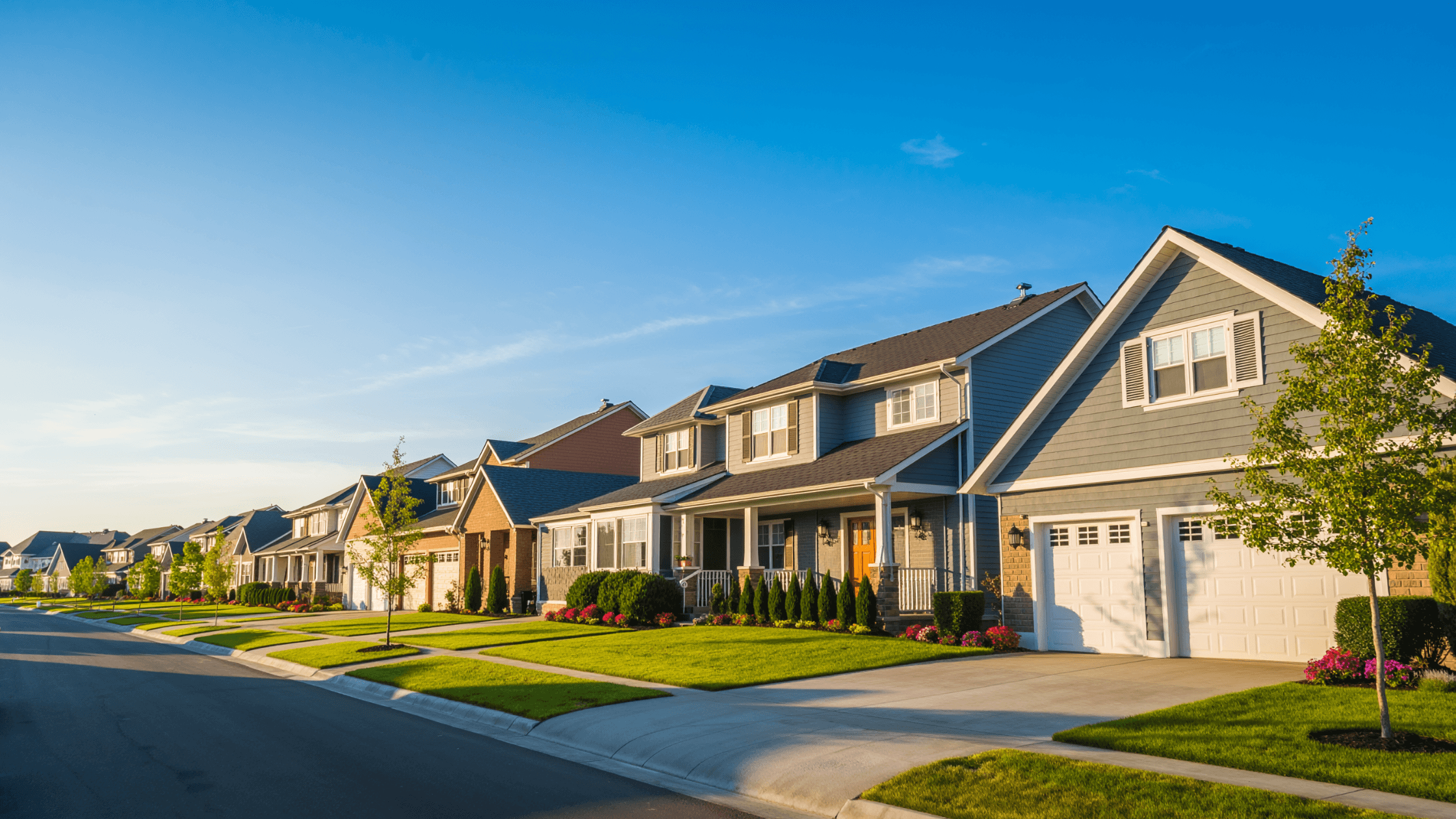 A sunny suburban street in Texas with a row of modern two-story family homes, representing the primary asset in a marital property division case.